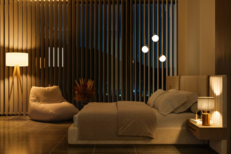 bedroom with modern lighting